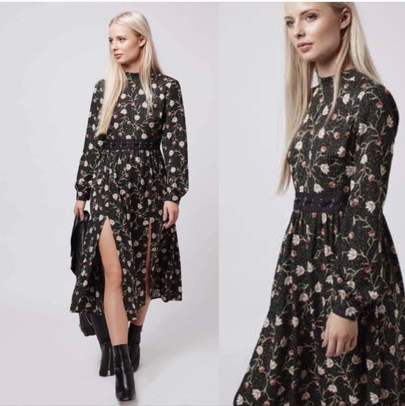 Topshop Dresses & Skirts - Topshop, Woodland Floral Lattice Waist Dress, ‎ Green/Black, Size 4